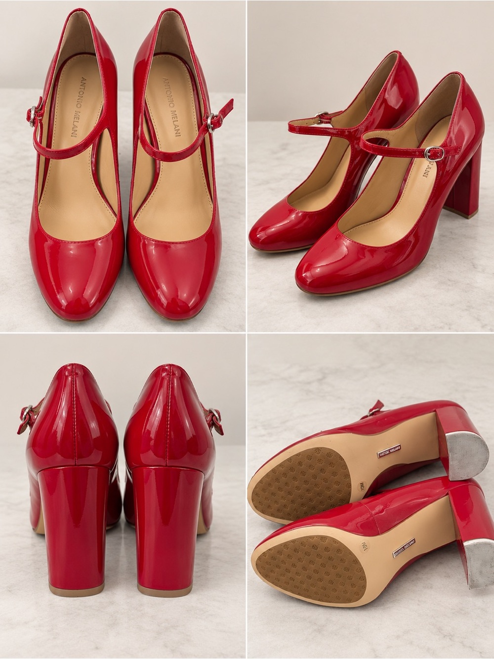 ANTONIO MELANI Red Patent Mary Jane Block Heels
